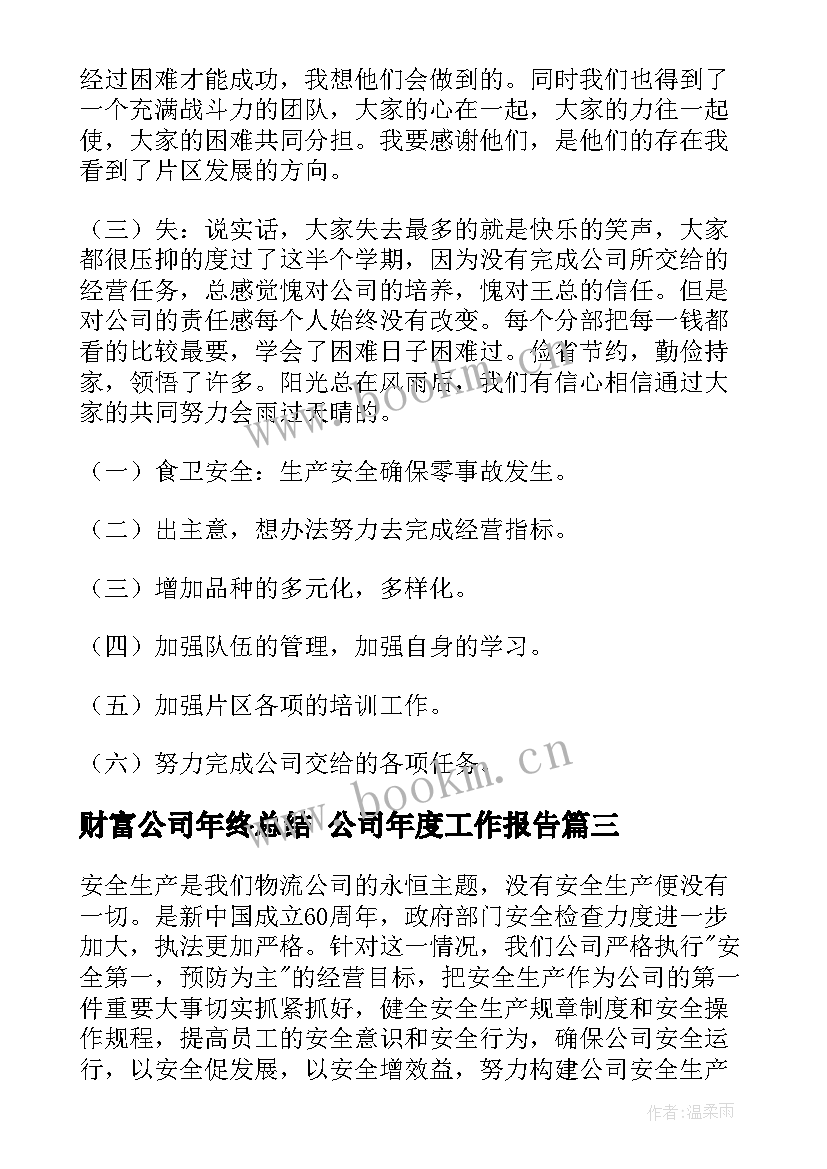 财富公司年终总结 公司年度工作报告(汇总10篇)