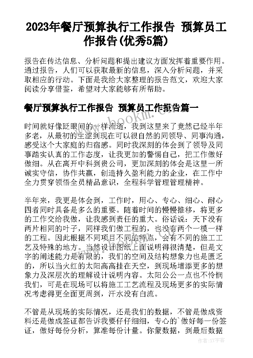 2023年餐厅预算执行工作报告 预算员工作报告(优秀5篇)