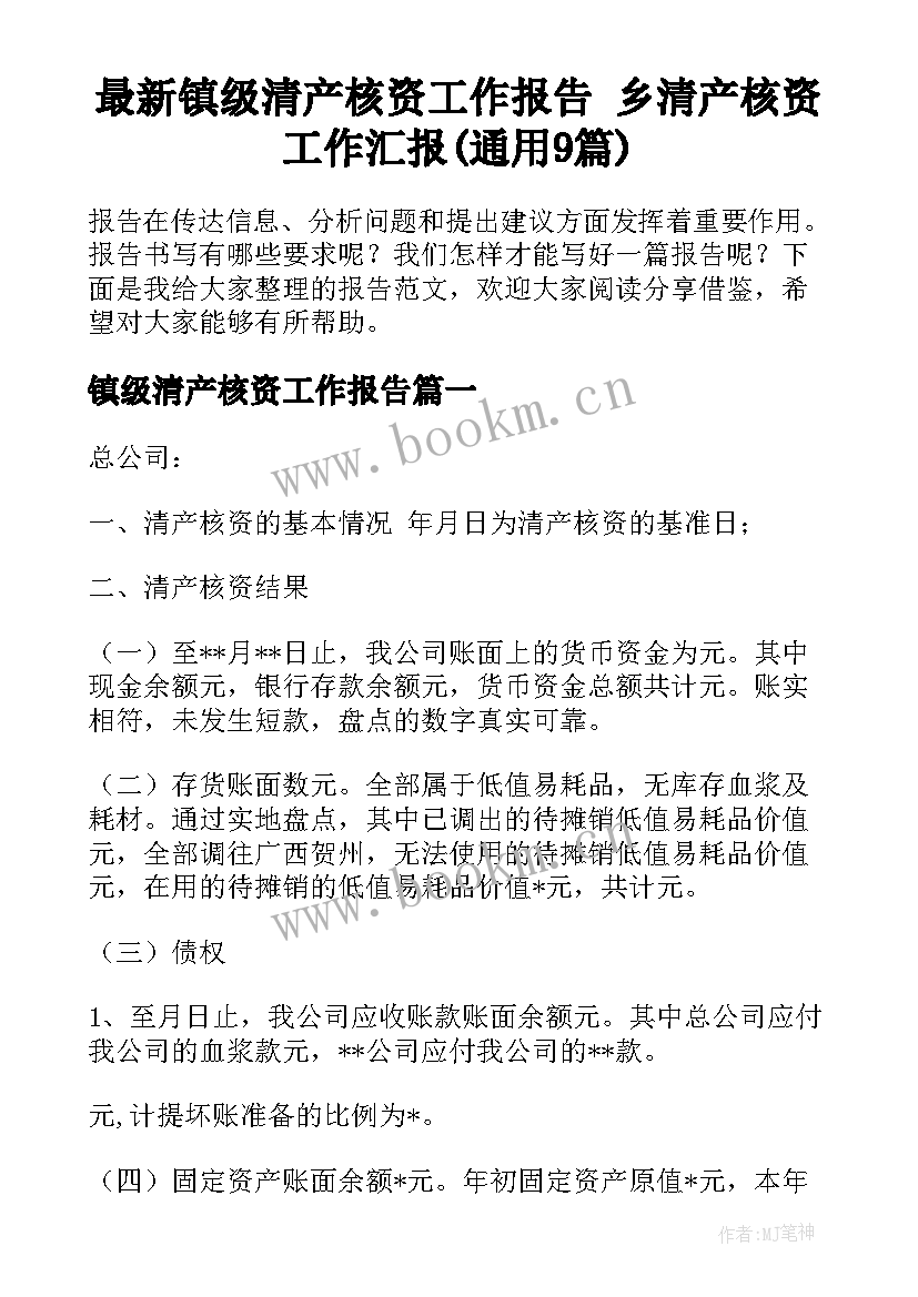 最新镇级清产核资工作报告 乡清产核资工作汇报(通用9篇)