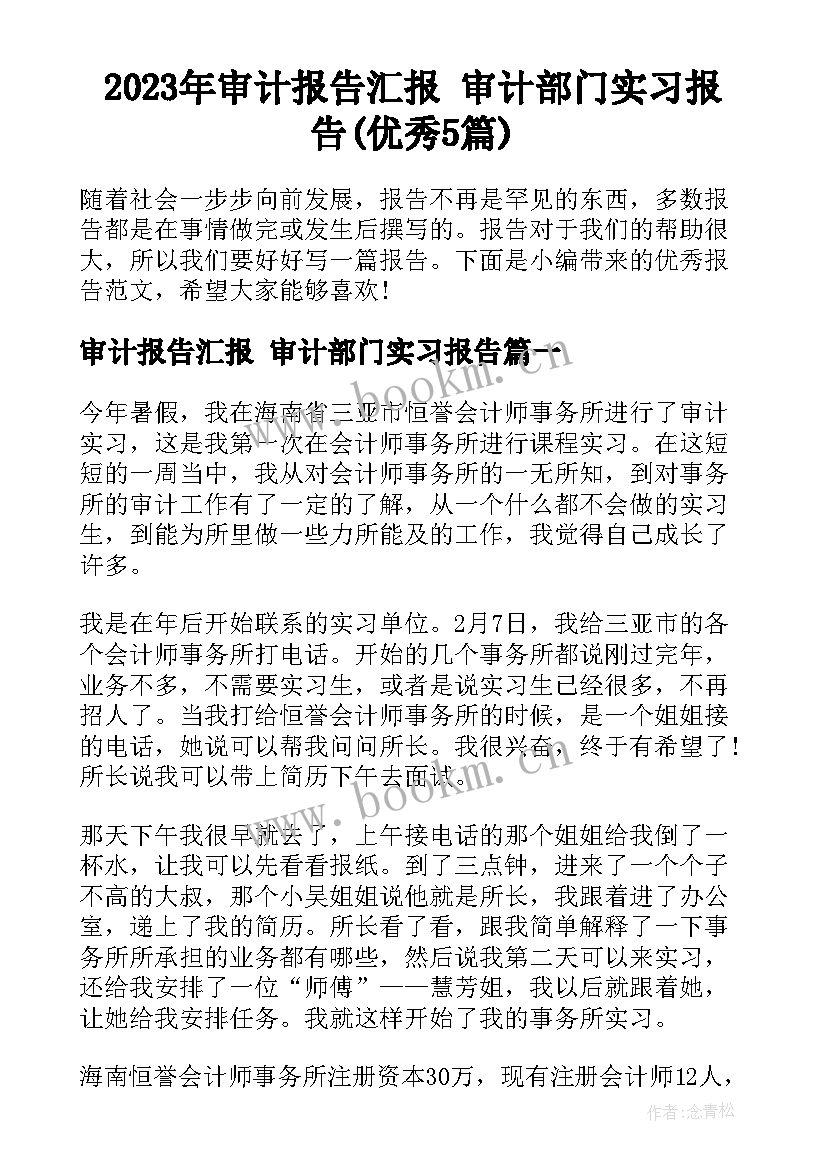 2023年审计报告汇报 审计部门实习报告(优秀5篇)