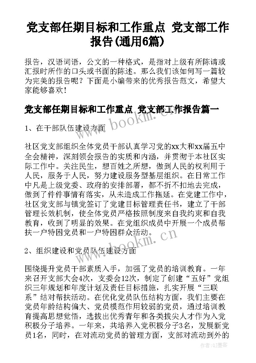 党支部任期目标和工作重点 党支部工作报告(通用6篇)