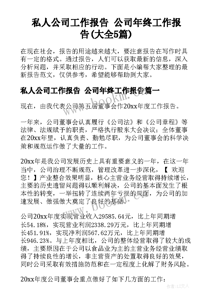 私人公司工作报告 公司年终工作报告(大全5篇)