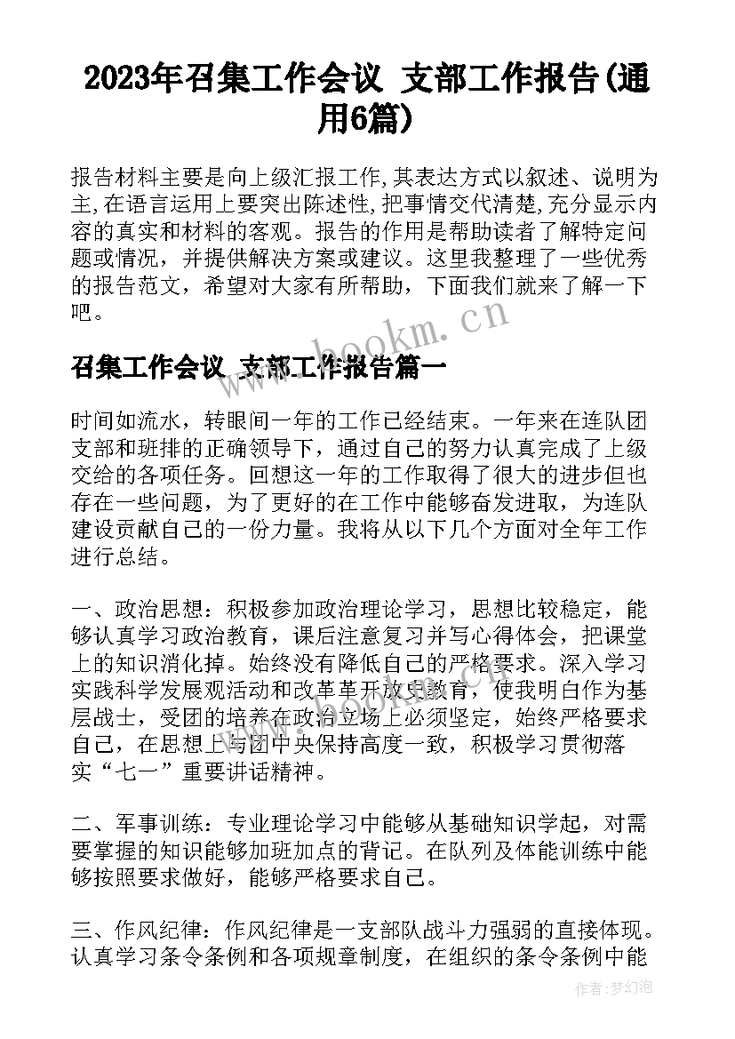 2023年召集工作会议 支部工作报告(通用6篇)