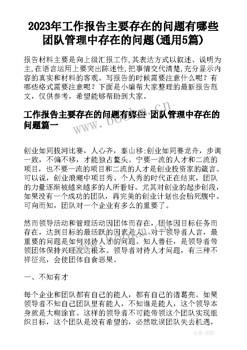 2023年工作报告主要存在的问题有哪些 团队管理中存在的问题(通用5篇)