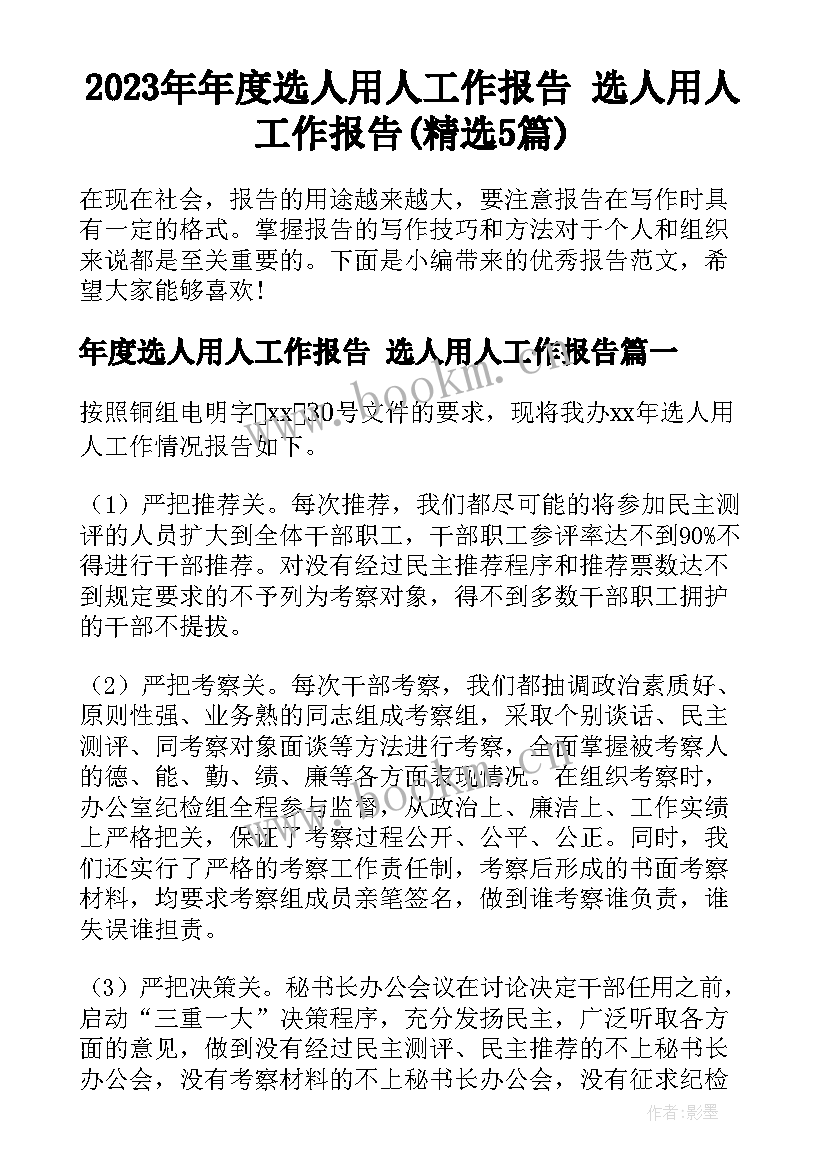 2023年年度选人用人工作报告 选人用人工作报告(精选5篇)