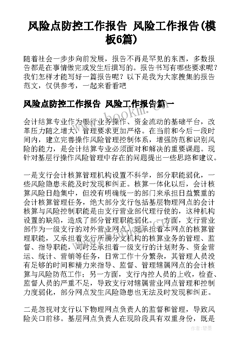 风险点防控工作报告 风险工作报告(模板6篇)