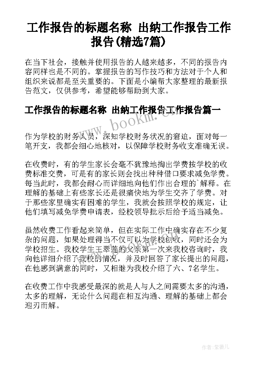 工作报告的标题名称 出纳工作报告工作报告(精选7篇)