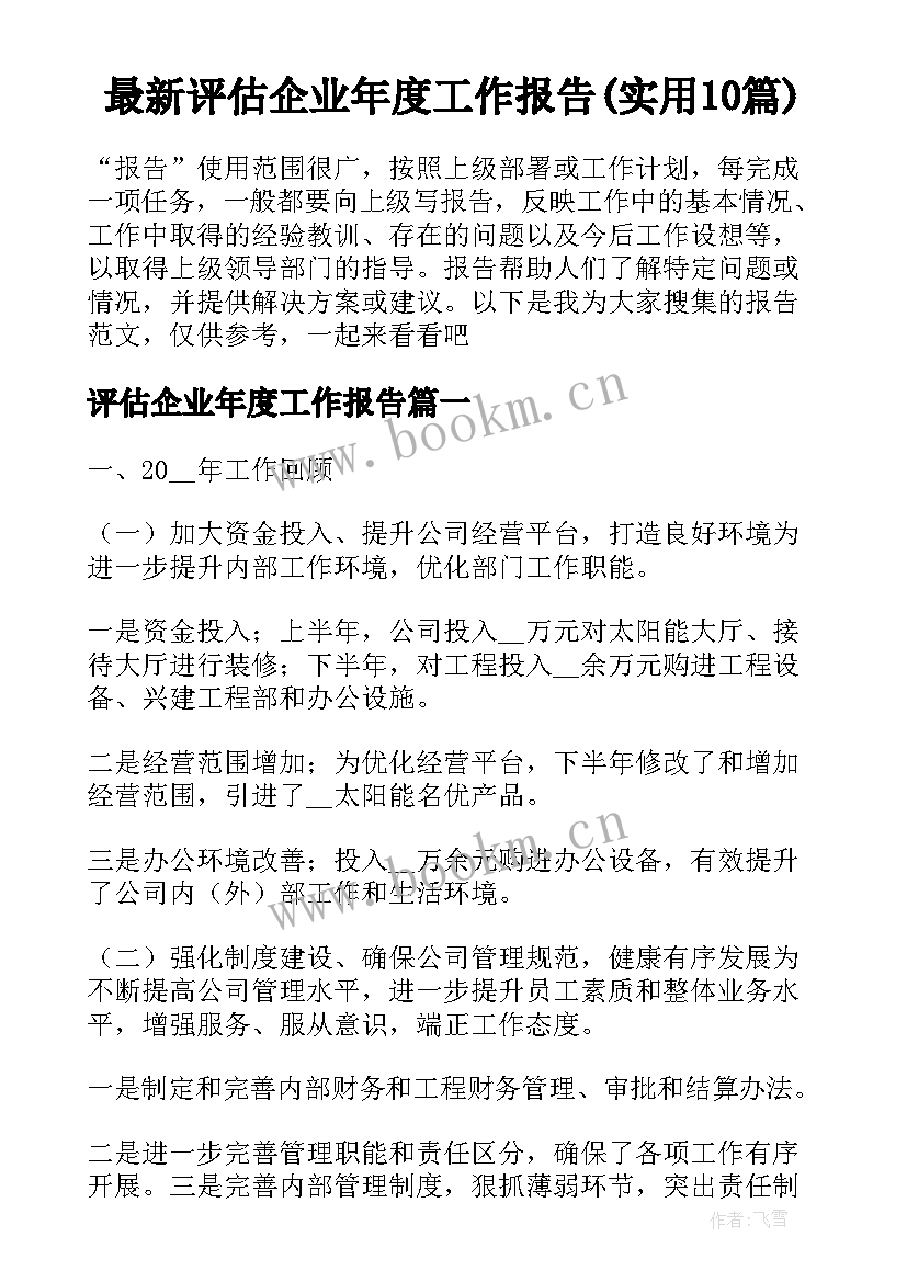 最新评估企业年度工作报告(实用10篇)