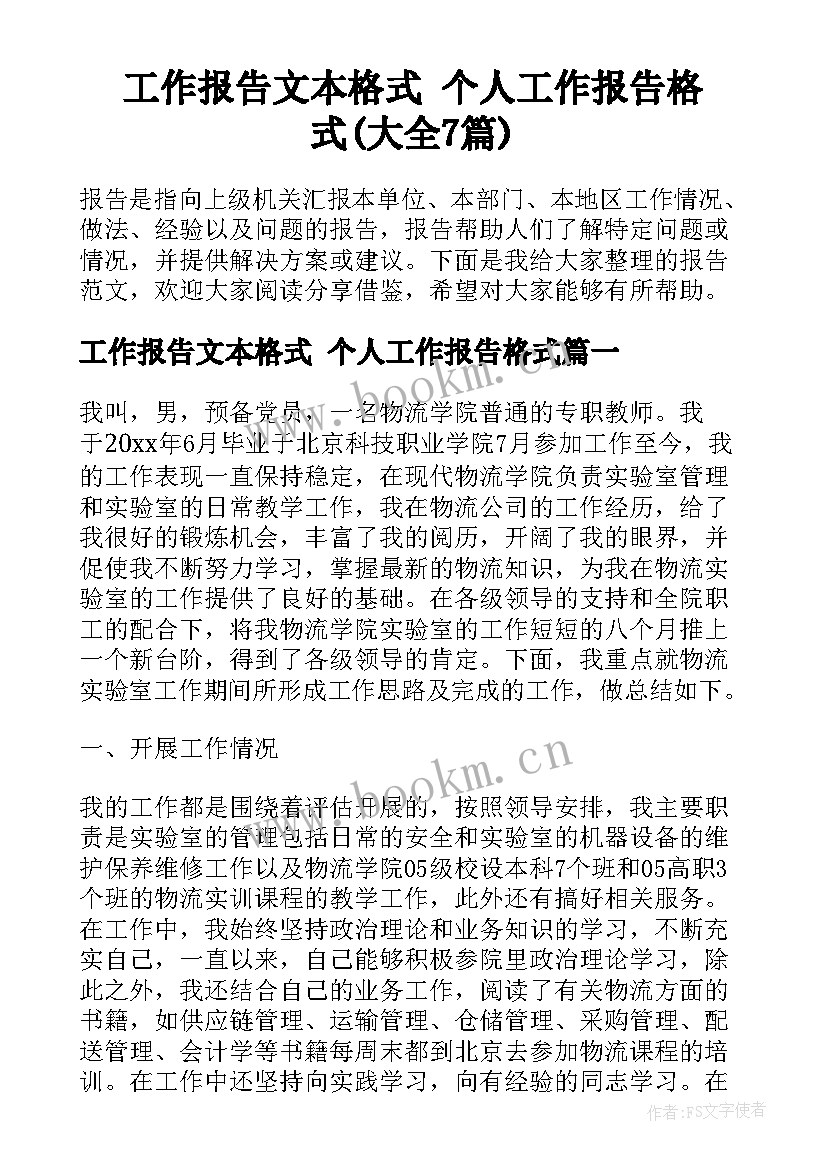 工作报告文本格式 个人工作报告格式(大全7篇)