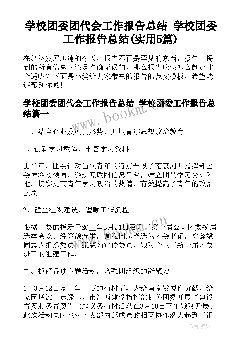 学校团委团代会工作报告总结 学校团委工作报告总结(实用5篇)