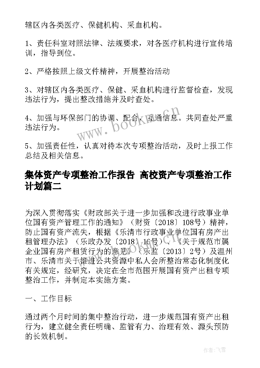 集体资产专项整治工作报告 高校资产专项整治工作计划(精选5篇)