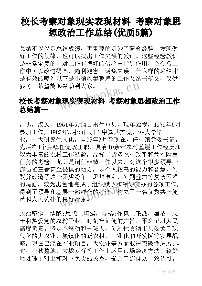 校长考察对象现实表现材料 考察对象思想政治工作总结(优质5篇)