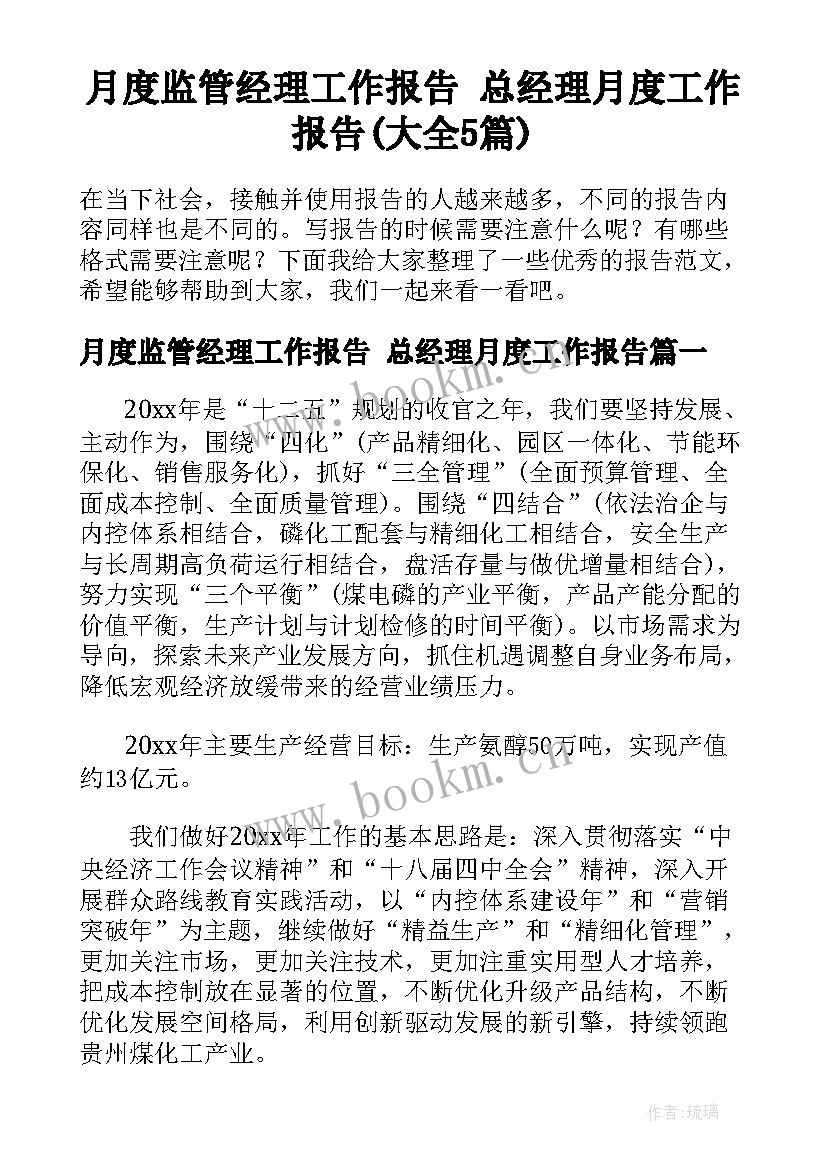 月度监管经理工作报告 总经理月度工作报告(大全5篇)