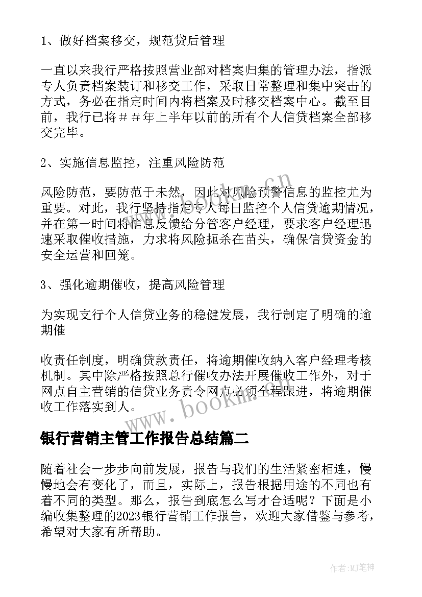 2023年银行营销主管工作报告总结(通用9篇)