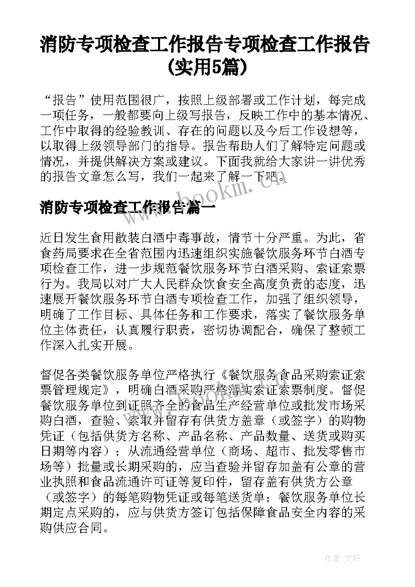 消防专项检查工作报告 专项检查工作报告(实用5篇)