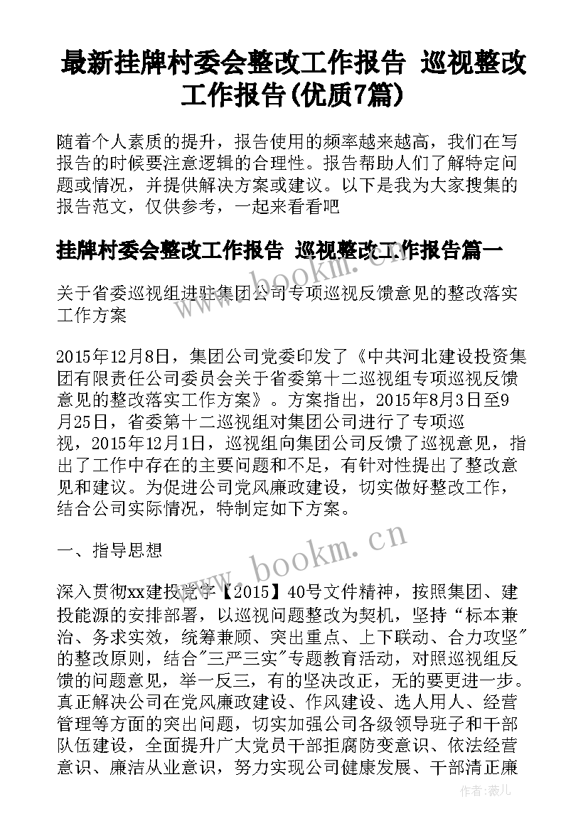 最新挂牌村委会整改工作报告 巡视整改工作报告(优质7篇)