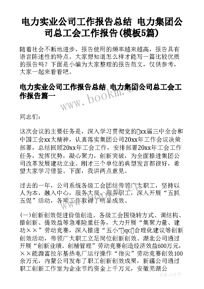 电力实业公司工作报告总结 电力集团公司总工会工作报告(模板5篇)