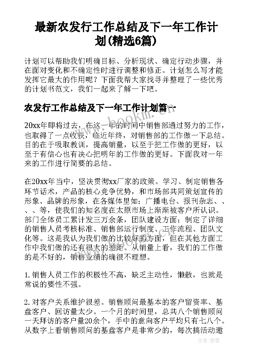 最新农发行工作总结及下一年工作计划(精选6篇)