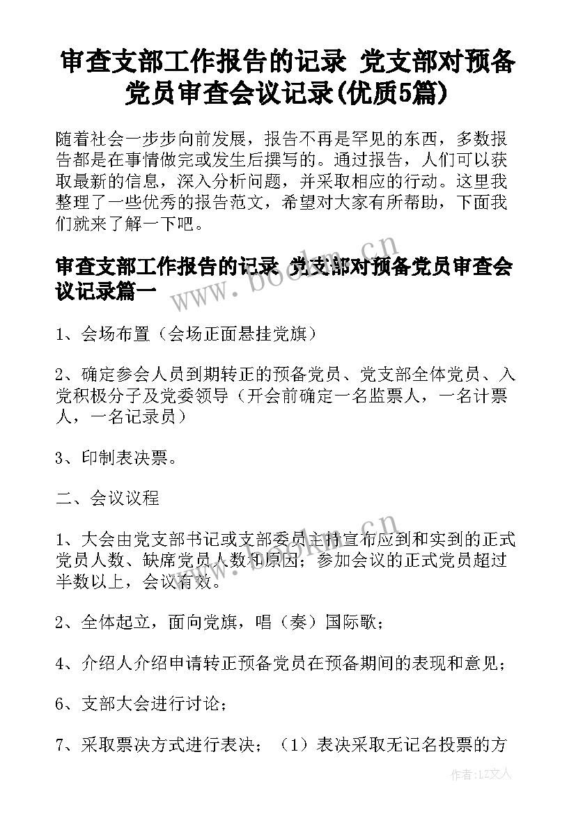 审查支部工作报告的记录 党支部对预备党员审查会议记录(优质5篇)