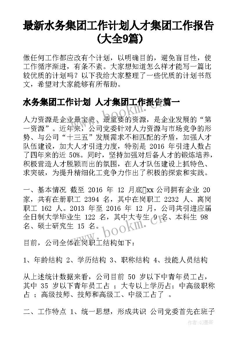 最新水务集团工作计划 人才集团工作报告(大全9篇)