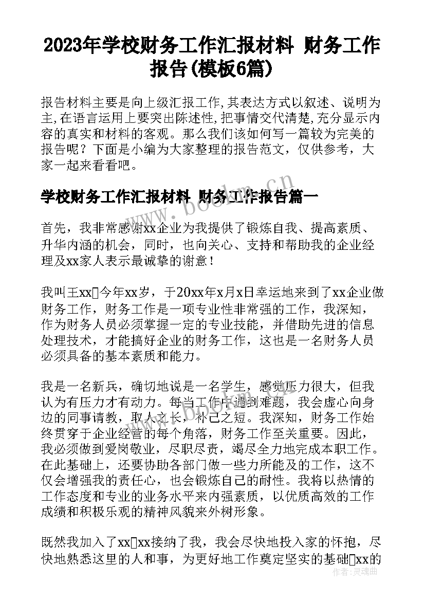 2023年学校财务工作汇报材料 财务工作报告(模板6篇)