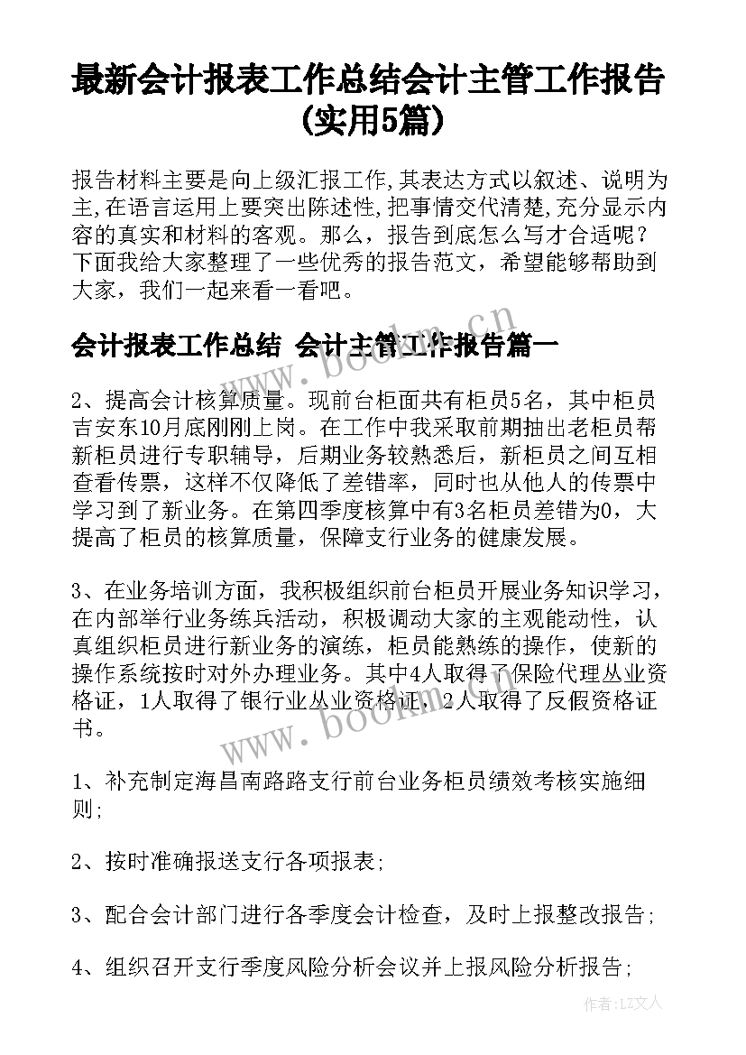 最新会计报表工作总结 会计主管工作报告(实用5篇)