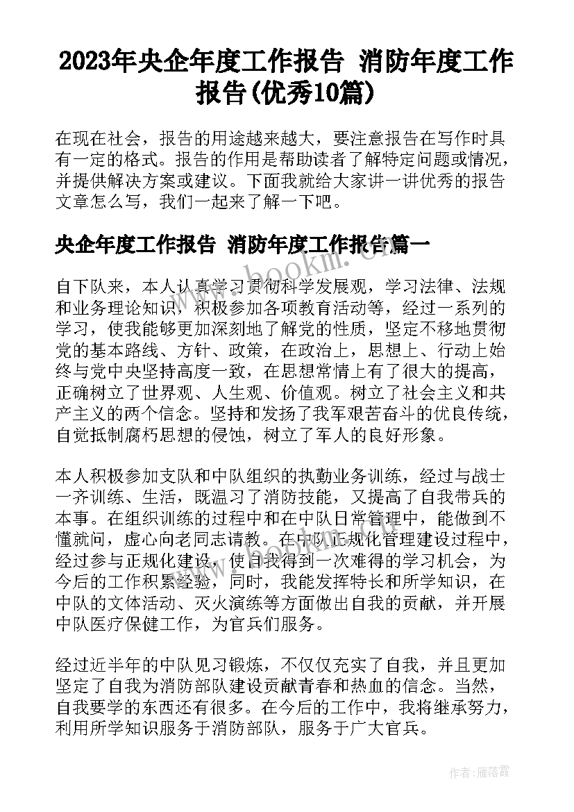 2023年央企年度工作报告 消防年度工作报告(优秀10篇)