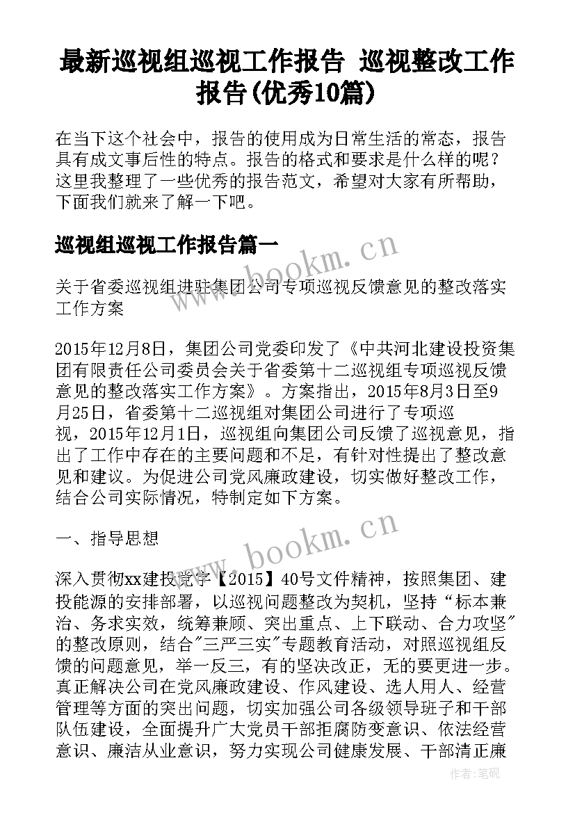 最新巡视组巡视工作报告 巡视整改工作报告(优秀10篇)