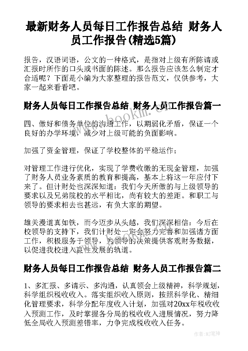 最新财务人员每日工作报告总结 财务人员工作报告(精选5篇)