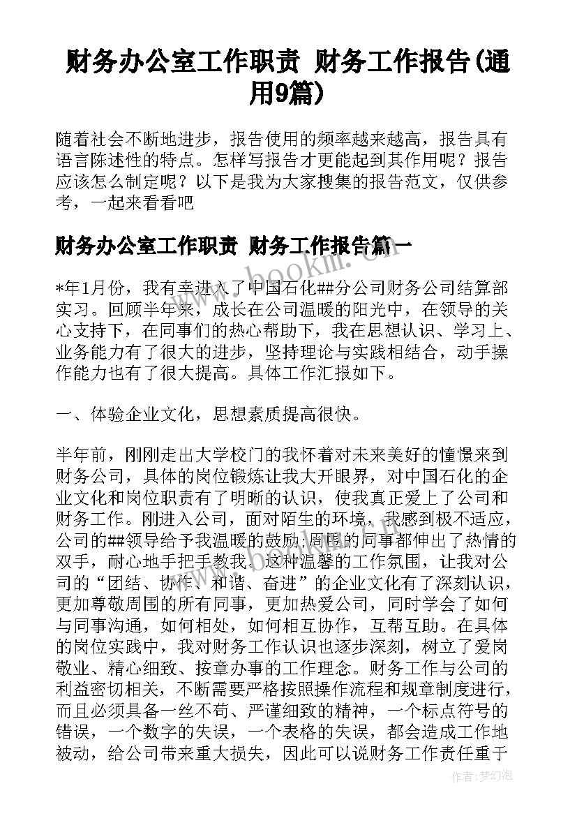 财务办公室工作职责 财务工作报告(通用9篇)