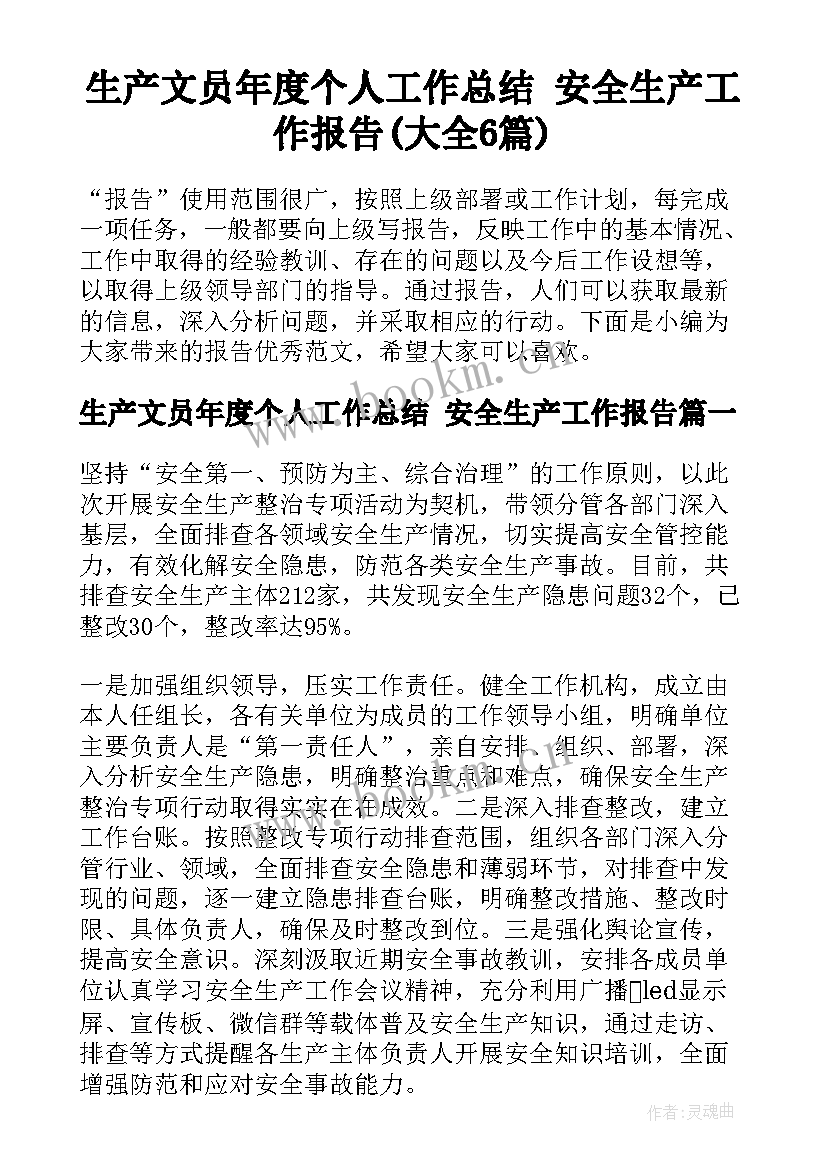 生产文员年度个人工作总结 安全生产工作报告(大全6篇)