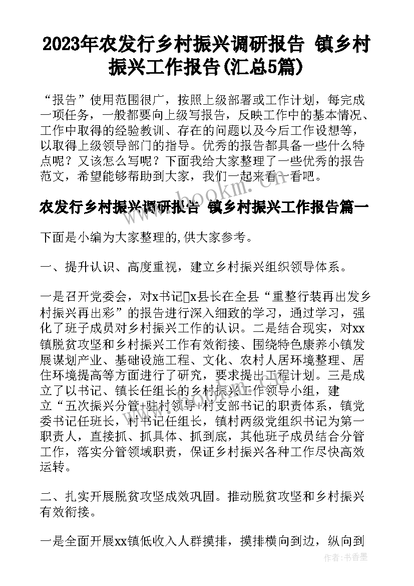 2023年农发行乡村振兴调研报告 镇乡村振兴工作报告(汇总5篇)