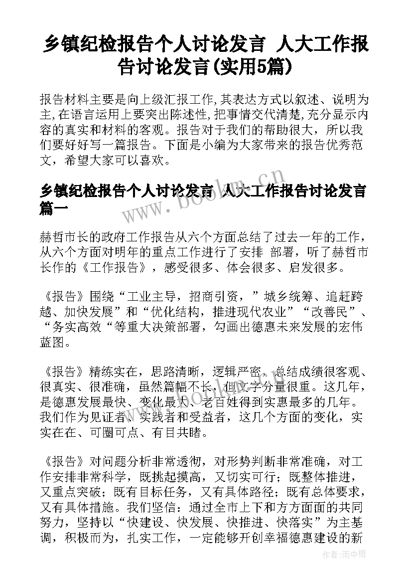 乡镇纪检报告个人讨论发言 人大工作报告讨论发言(实用5篇)