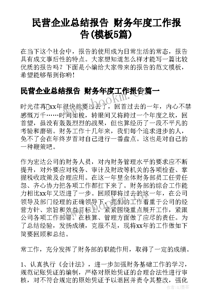 民营企业总结报告 财务年度工作报告(模板5篇)