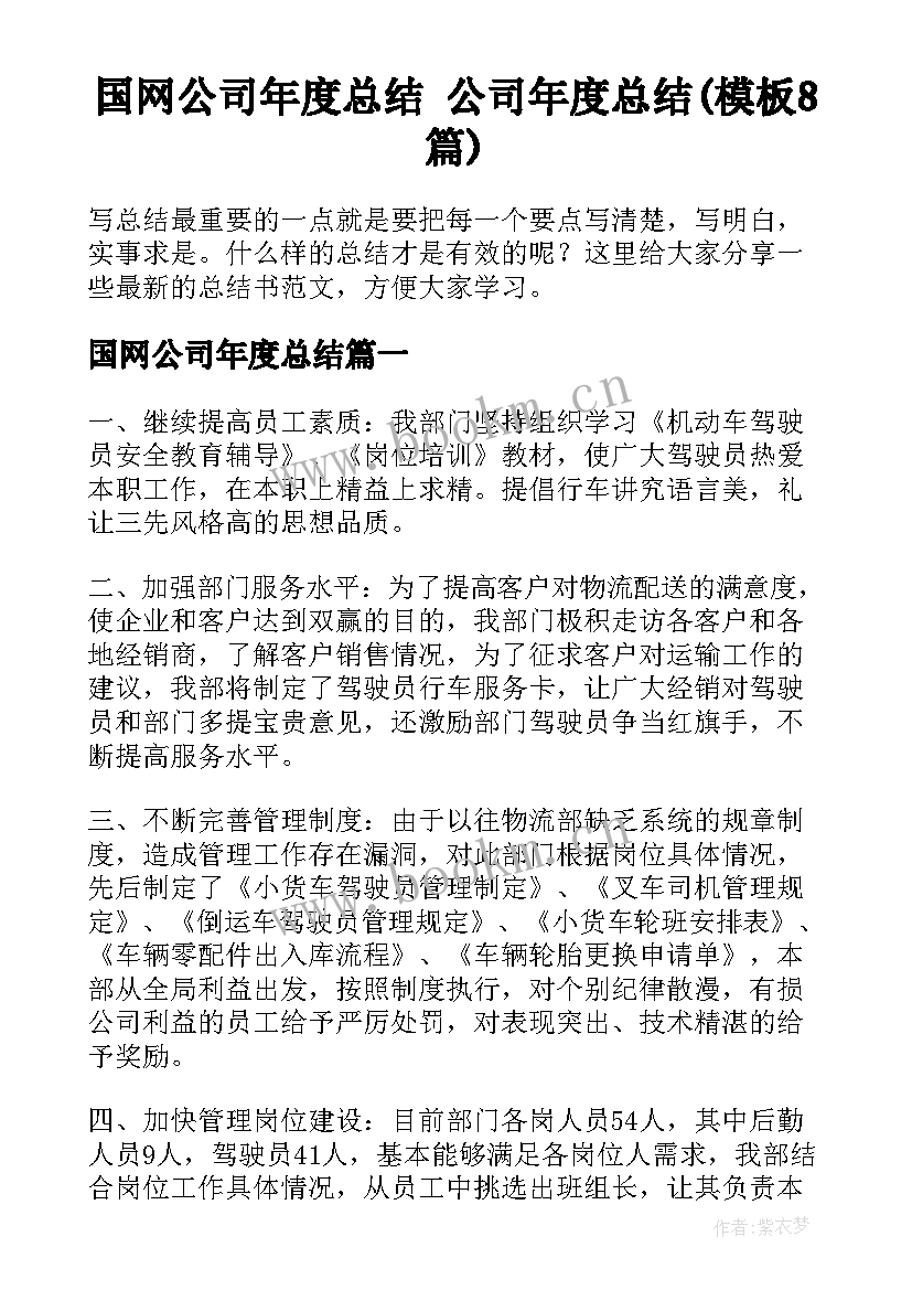 国网公司年度总结 公司年度总结(模板8篇)