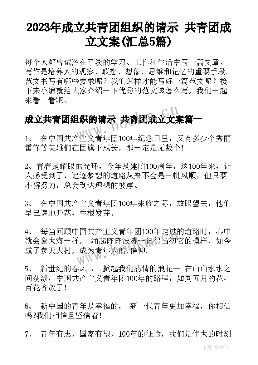 2023年成立共青团组织的请示 共青团成立文案(汇总5篇)