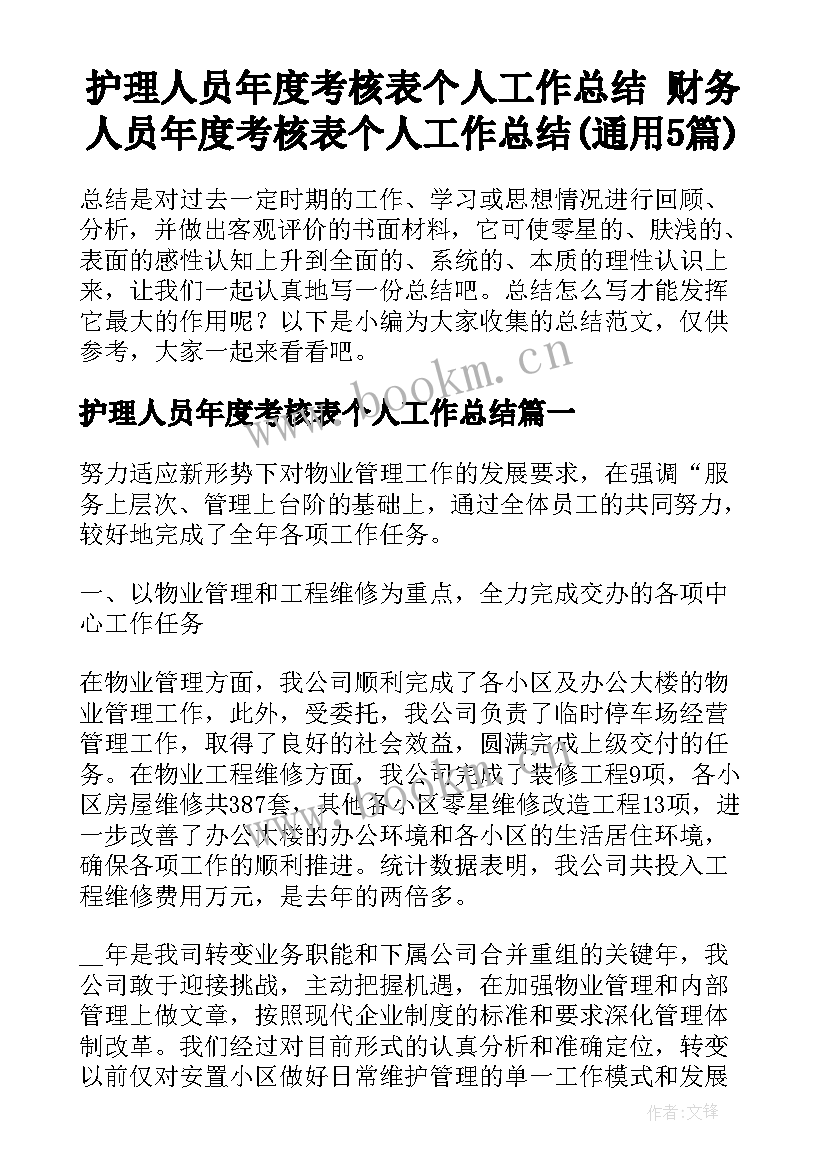 护理人员年度考核表个人工作总结 财务人员年度考核表个人工作总结(通用5篇)