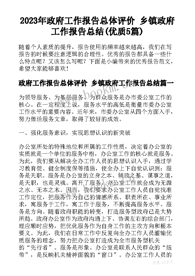 2023年政府工作报告总体评价 乡镇政府工作报告总结(优质5篇)