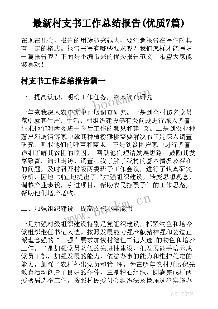 最新村支书工作总结报告(优质7篇)