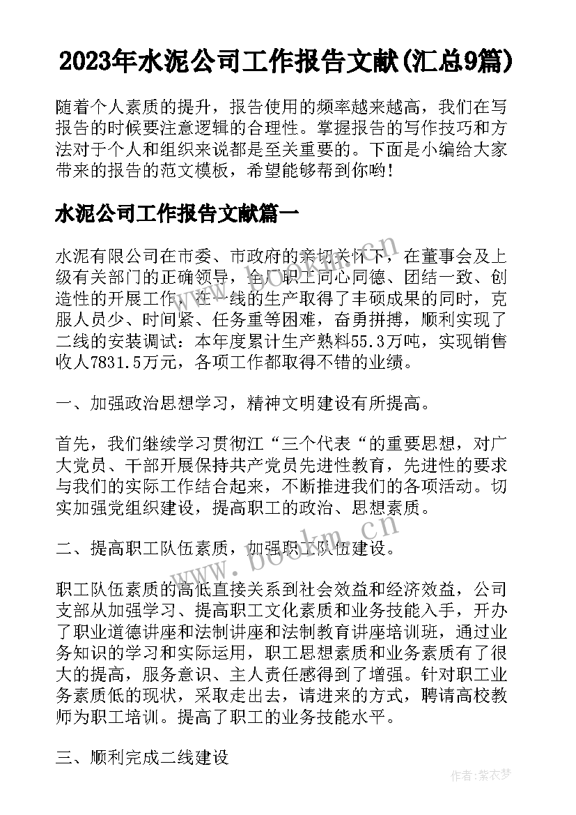 2023年水泥公司工作报告文献(汇总9篇)