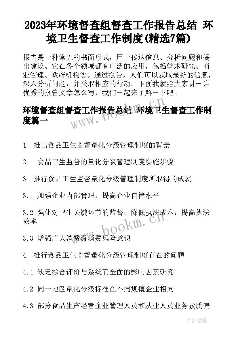 2023年环境督查组督查工作报告总结 环境卫生督查工作制度(精选7篇)