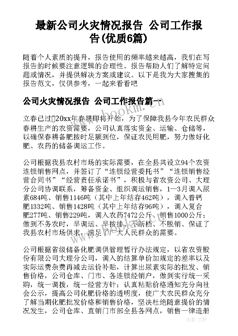 最新公司火灾情况报告 公司工作报告(优质6篇)