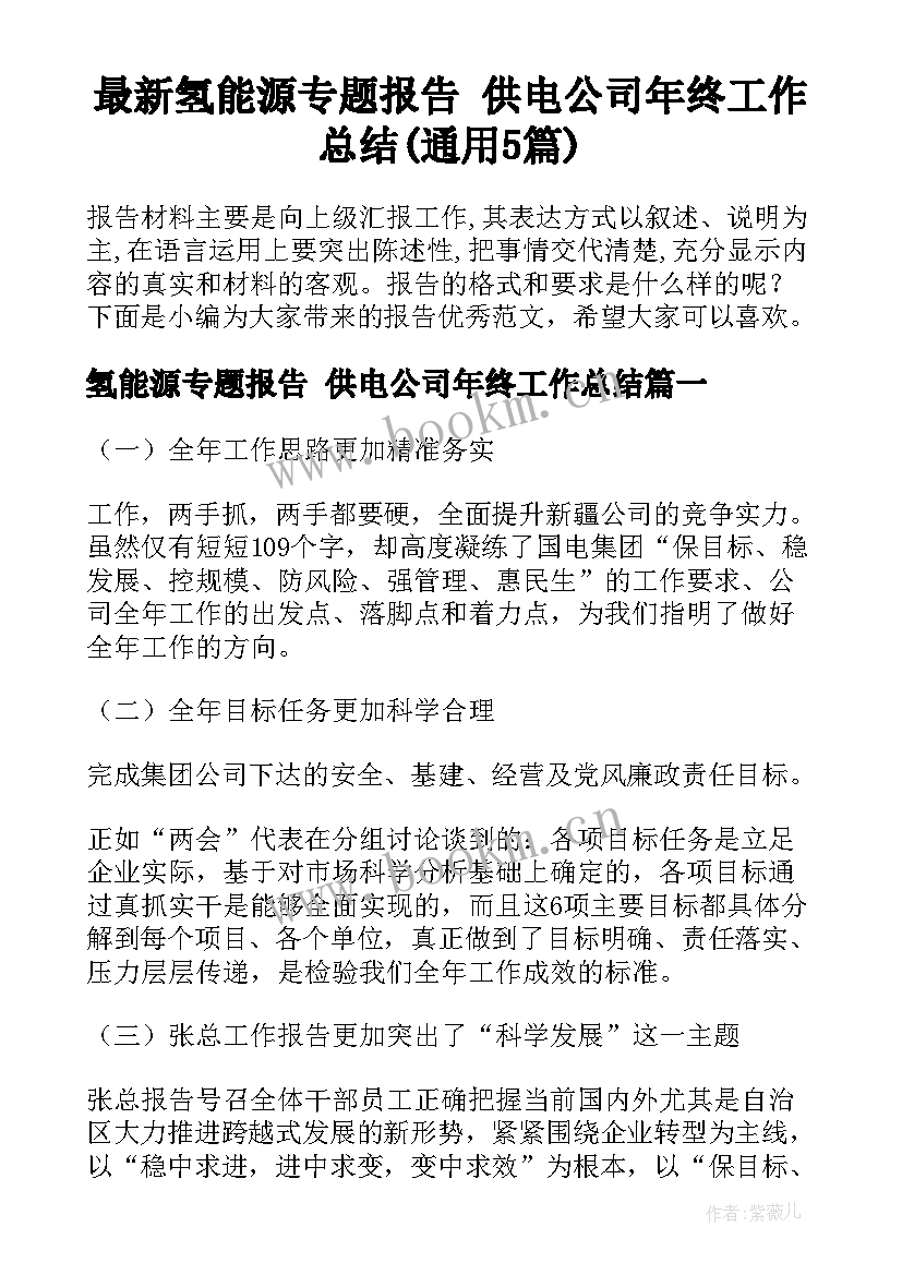 最新氢能源专题报告 供电公司年终工作总结(通用5篇)