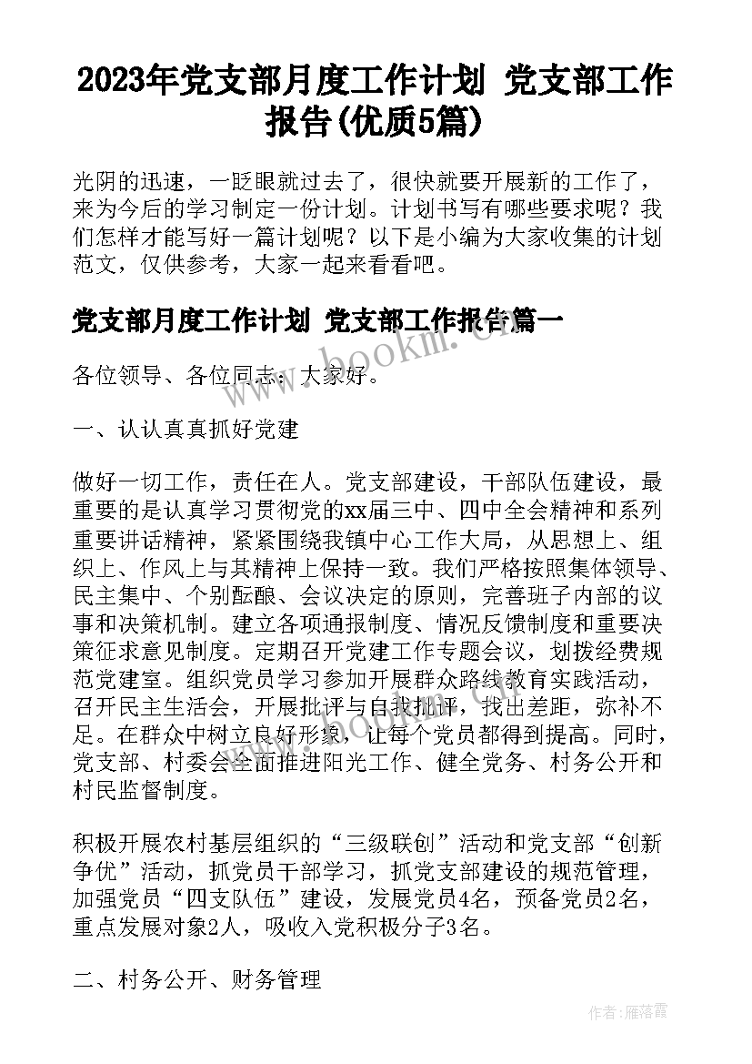 2023年党支部月度工作计划 党支部工作报告(优质5篇)