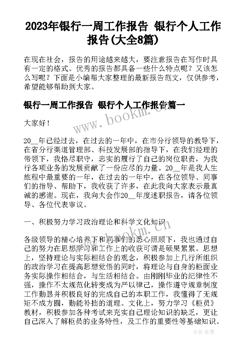 2023年银行一周工作报告 银行个人工作报告(大全8篇)