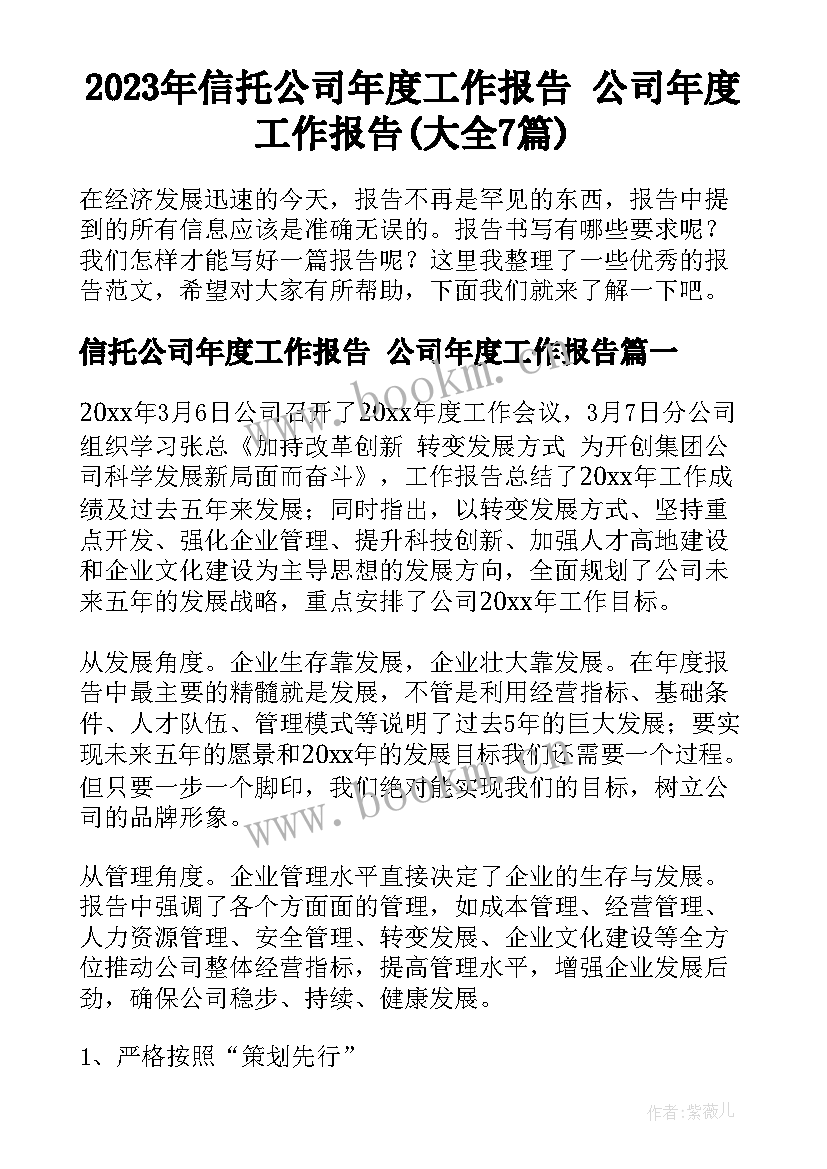 2023年信托公司年度工作报告 公司年度工作报告(大全7篇)