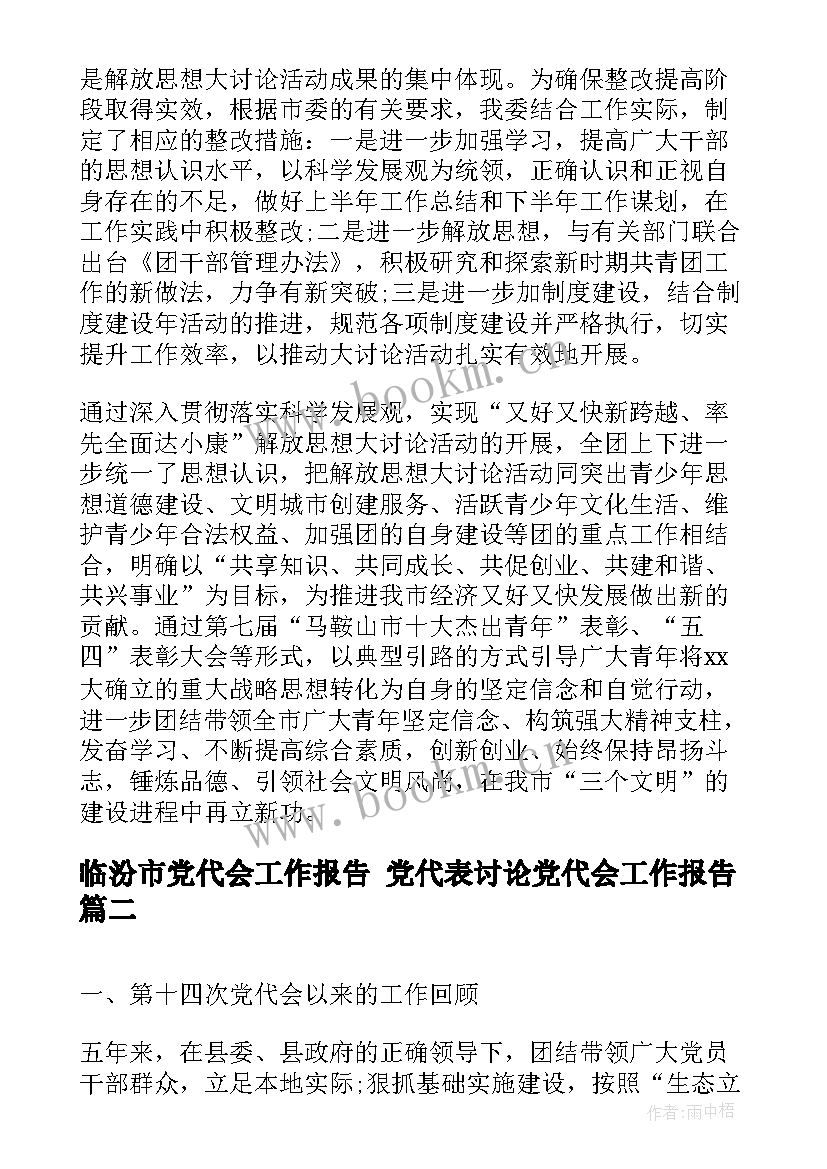 临汾市党代会工作报告 党代表讨论党代会工作报告(通用8篇)