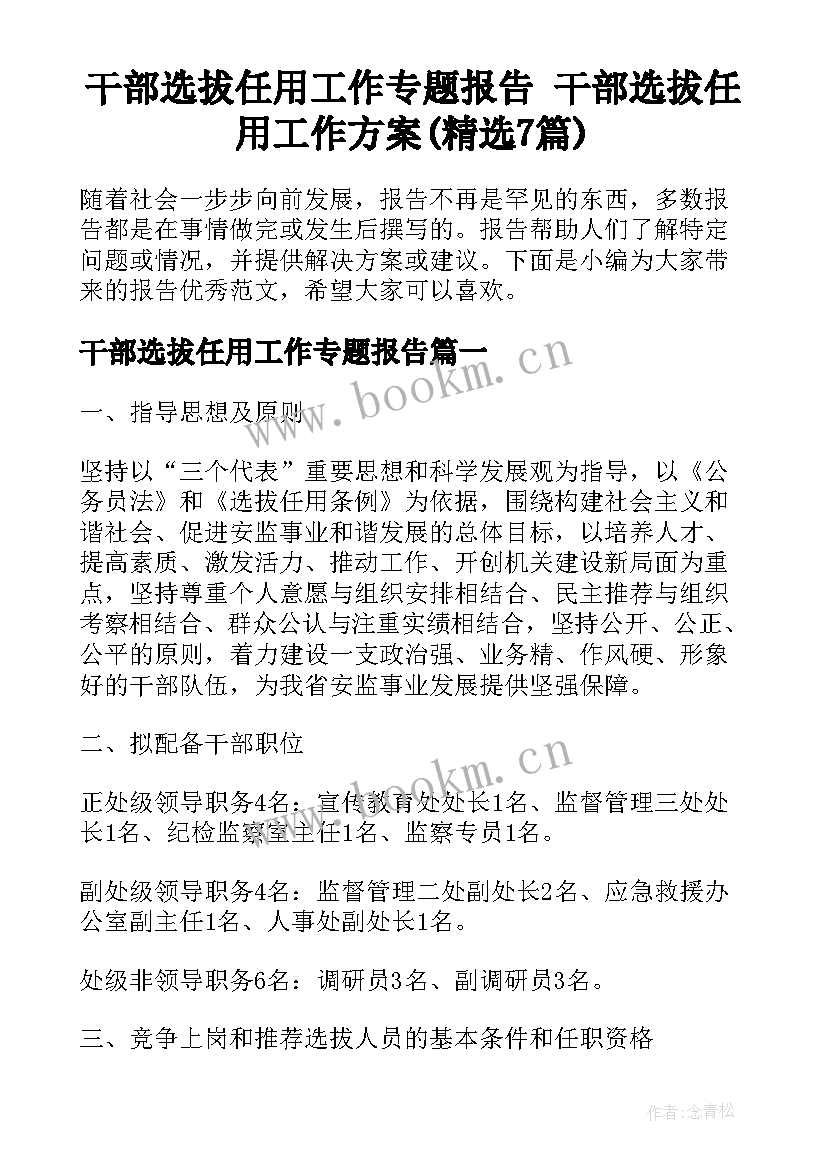 干部选拔任用工作专题报告 干部选拔任用工作方案(精选7篇)