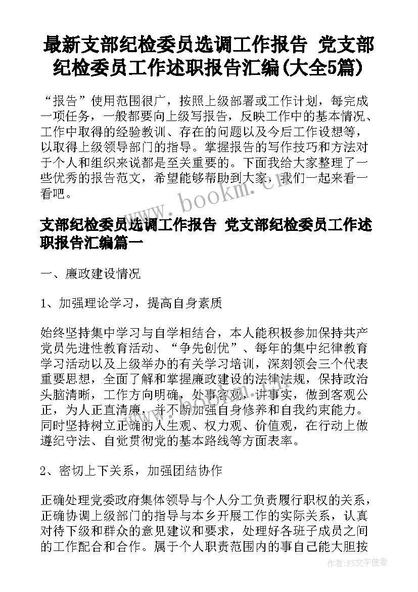 最新支部纪检委员选调工作报告 党支部纪检委员工作述职报告汇编(大全5篇)