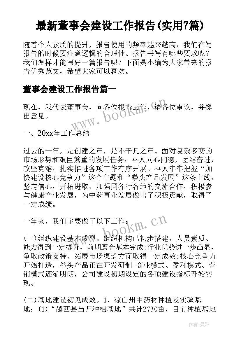 最新董事会建设工作报告(实用7篇)